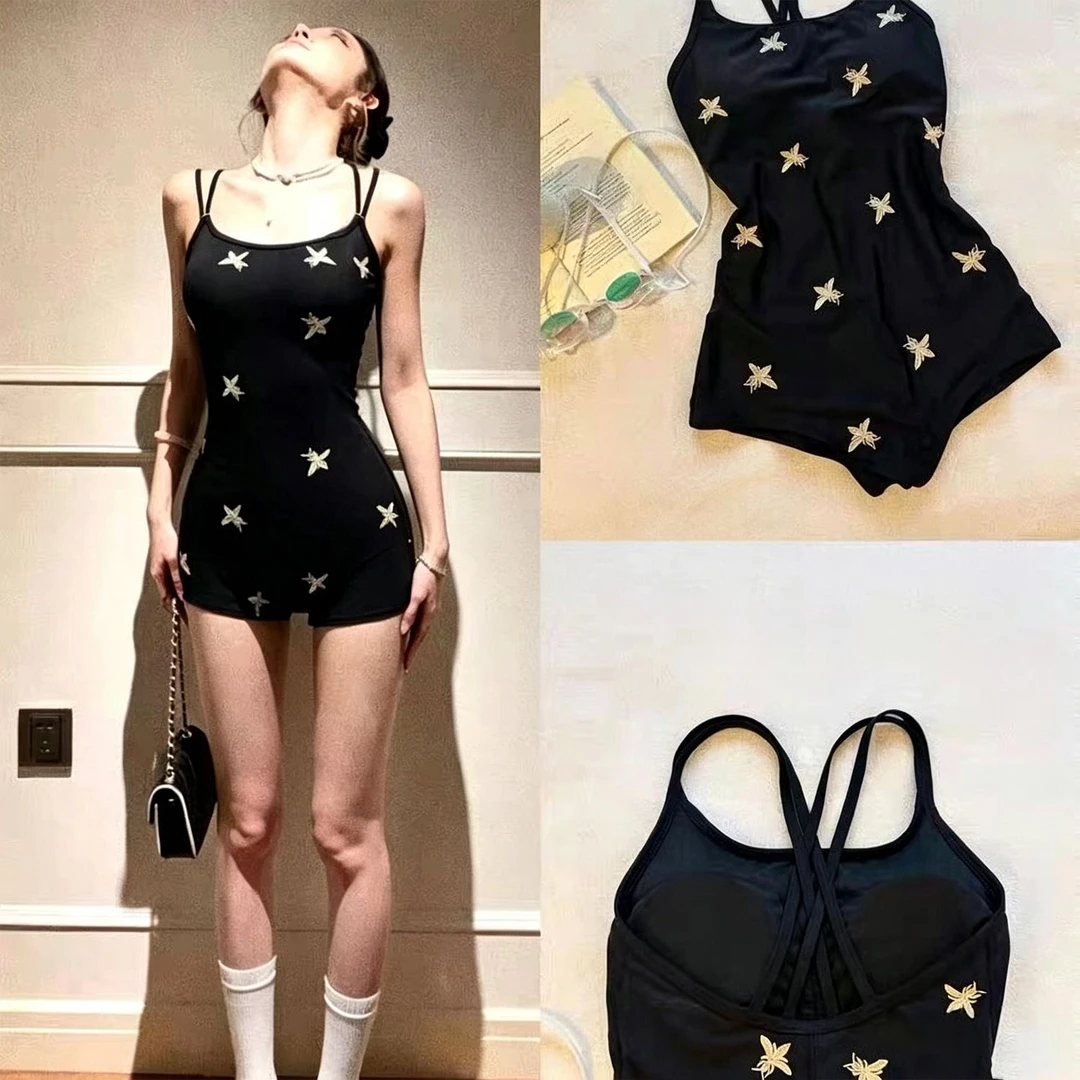 [小蜜蜂]高级感星星刺绣新款女士连体小平角专业竞速显瘦带胸垫