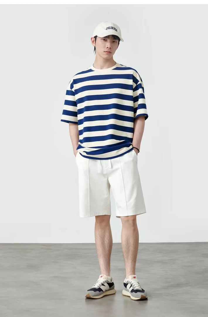 通勤百搭！情侣款宽条纹T恤大板慵懒风短袖(A9-14)D3093
