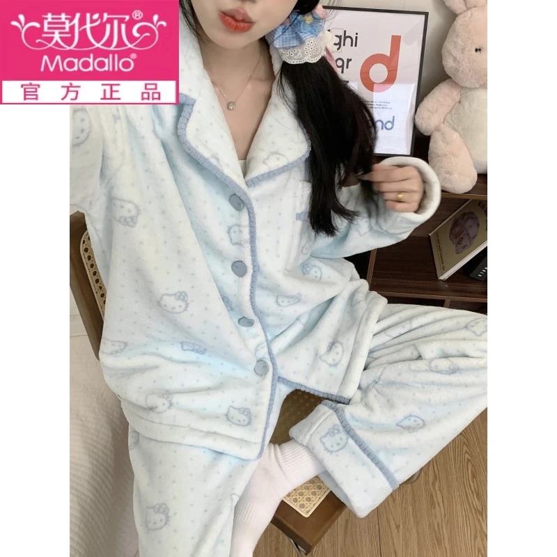 莫代尔韩版KT猫睡衣女款秋冬季珊瑚绒2025新款加绒加厚保暖法兰绒