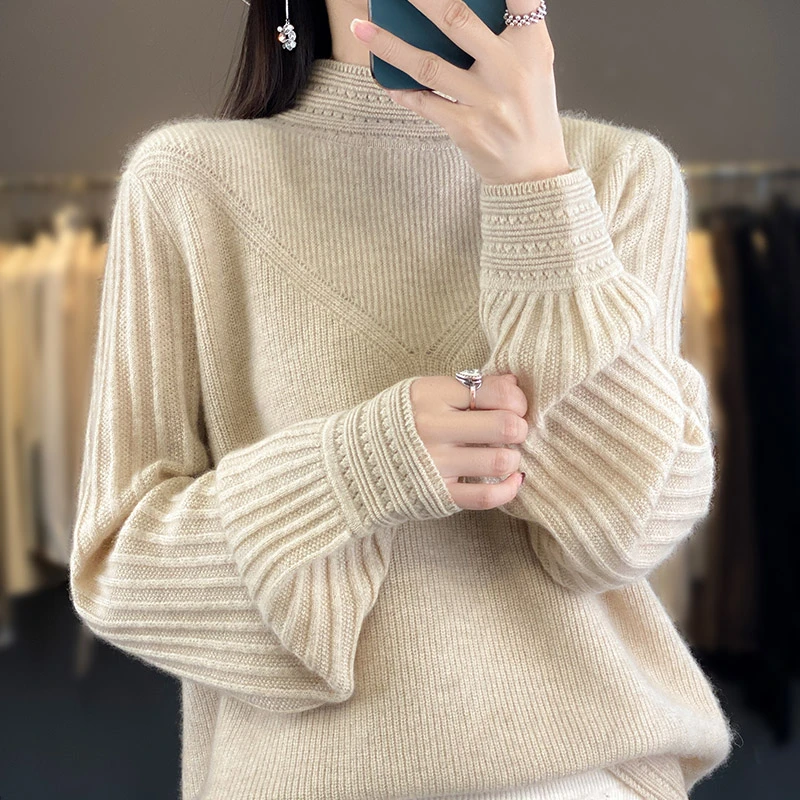 轻奢时尚~100纯羊绒针织衫女圆领打底衫泡泡袖外套显瘦 ---312