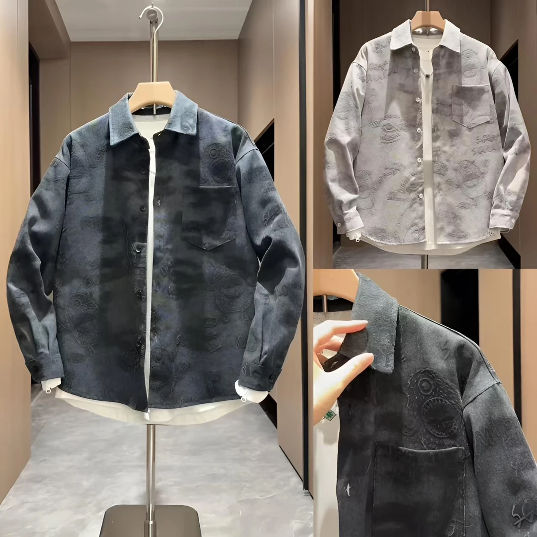 秋季新款立体压花燕尾翻领衬衫牛仔夹克男士时尚百搭潮流休闲上衣