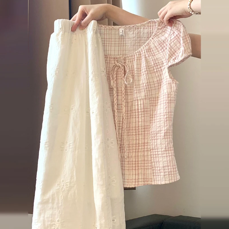 法式短袖衬衫白色碎花半身连衣裙子女夏季2025新款小个子穿搭套装