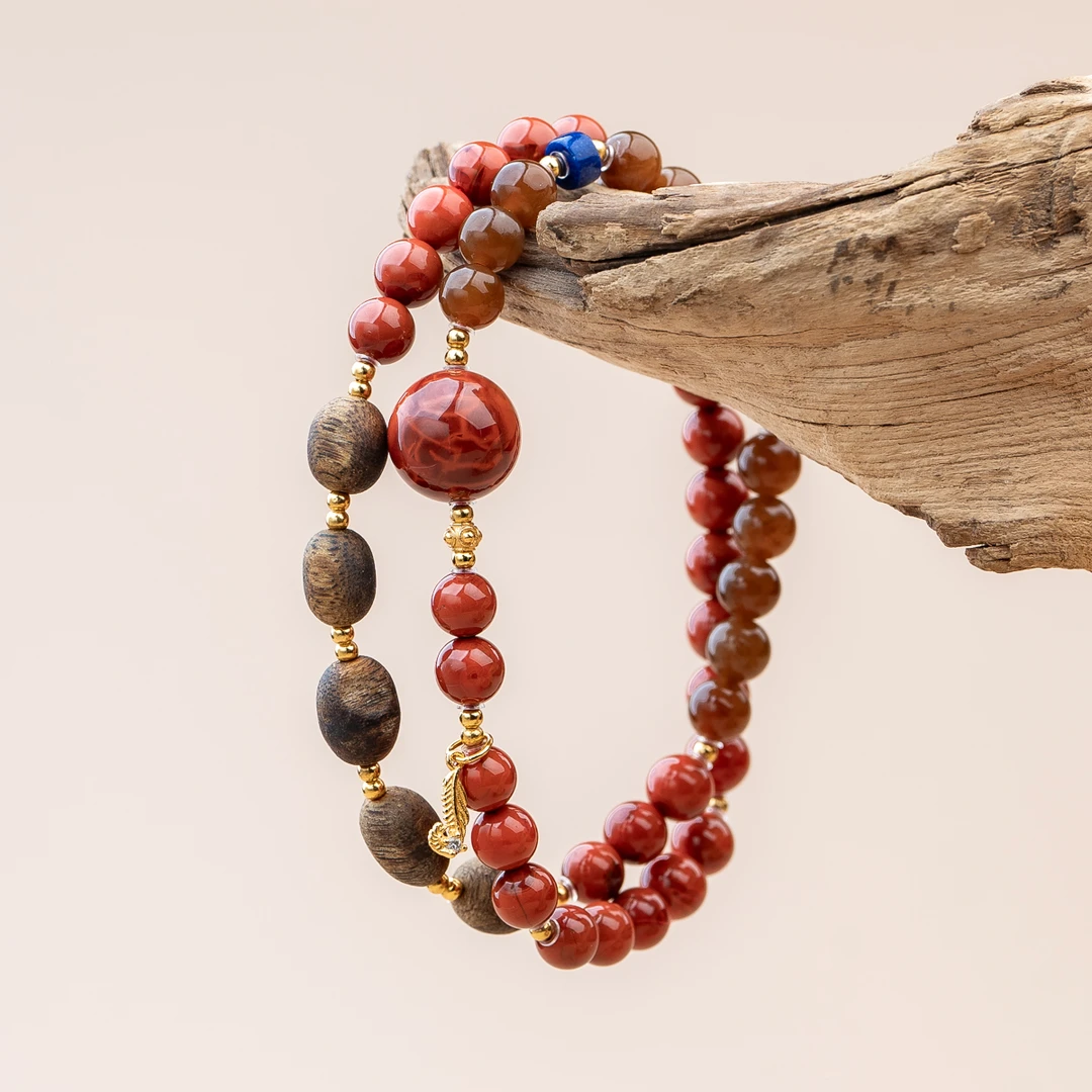 沉香【祝锦】莺歌绿奇楠随形沉香南红火焰纹双圈手串（多样性发其一