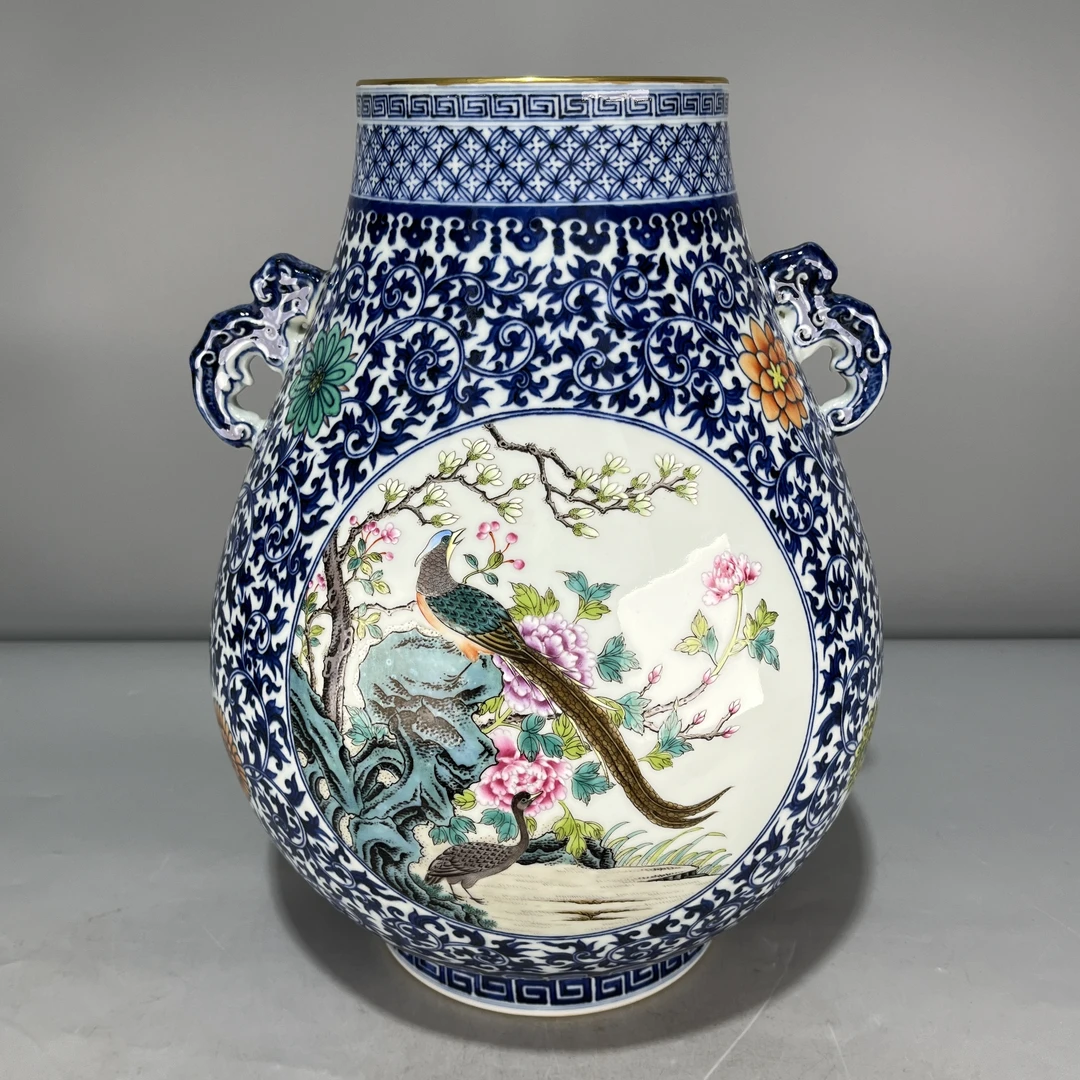 当代仿制 仿古大清乾隆年制青花粉彩缠枝花鸟纹双耳尊