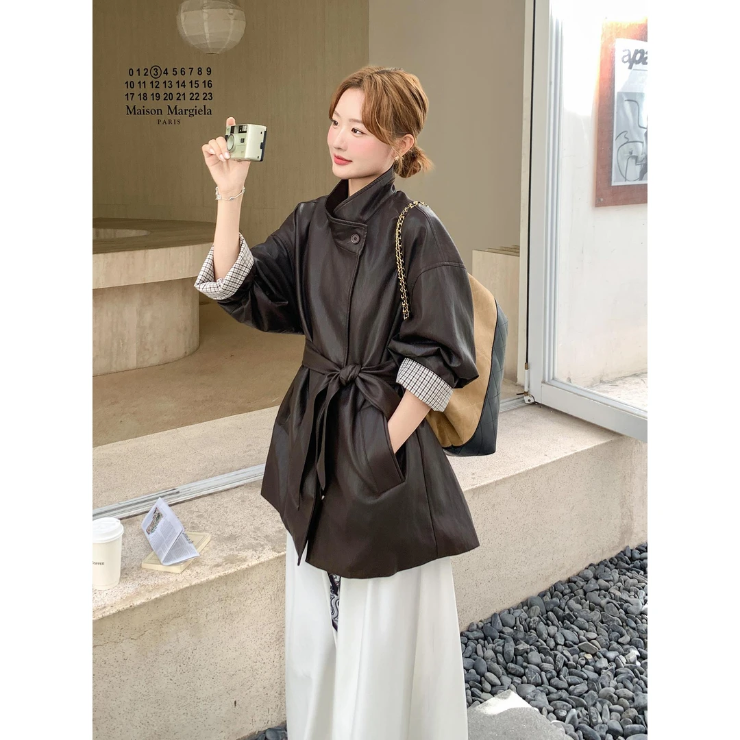 覆古咖色中长款皮衣外套女秋季2025新款高级感酷飒风休闲显瘦风衣