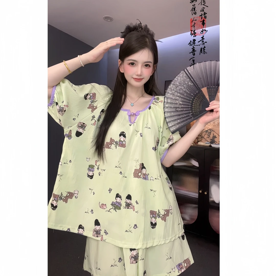 【小唐人】原创复古风短袖圆领睡衣宽松夏薄款两件套云朵棉家居服女