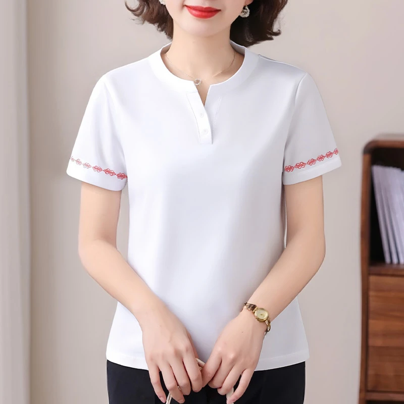 新中式刺绣民族风v领白色短袖t恤女夏季2025新款洋气妈妈高档上衣