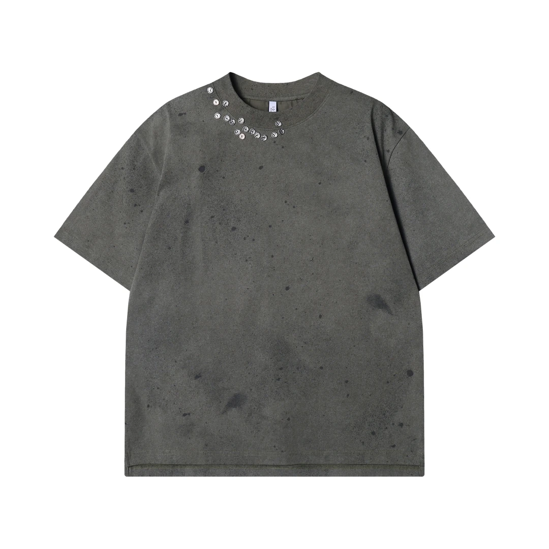 夏季高级感新款美式做旧领口纽扣圆领短袖T恤泼墨百搭简约上衣