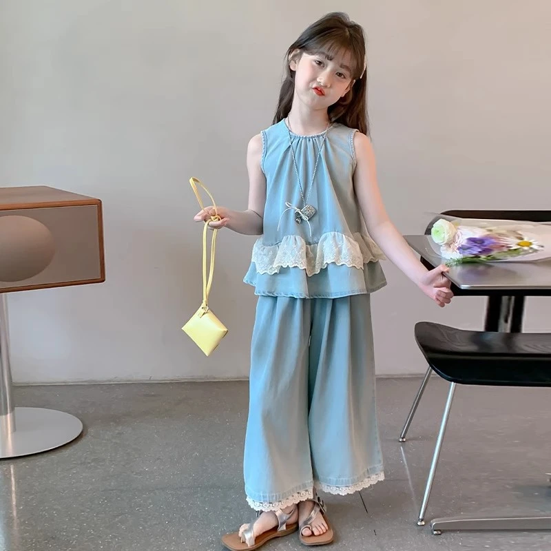 女童夏装套装2025新款洋气儿童夏季牛仔背心阔腿裤女孩大童两件套