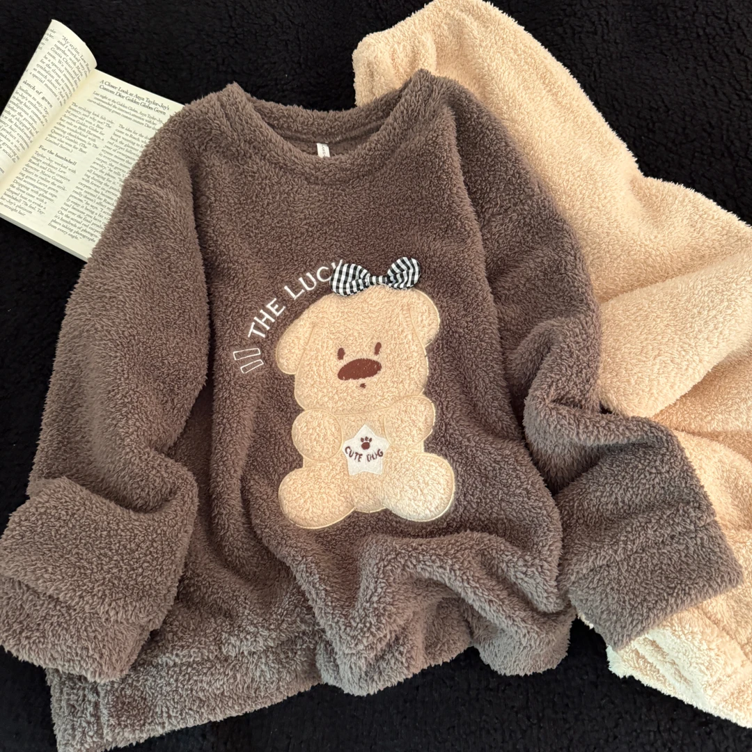 睡衣女秋冬季珊瑚绒2025新款加厚仿半边绒大码时尚小熊家居服套装