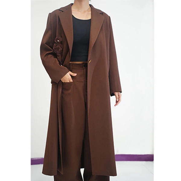 【火焰与珍珠与花】周琦默手工花朵砖红色羊毛西装长外套