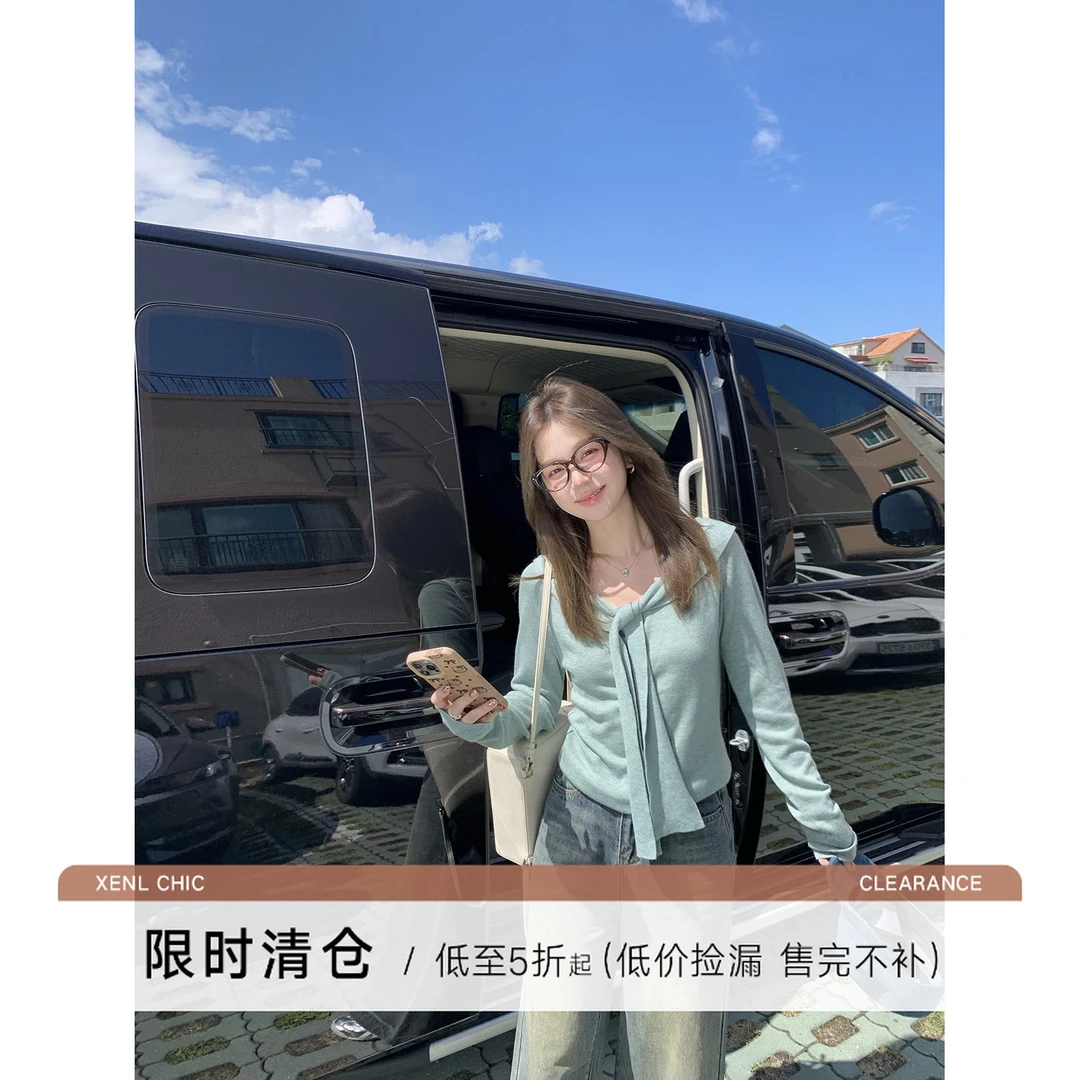 清仓陳文文【百搭周刊】新款简约气质百搭显瘦系带羊毛针织上衣0117