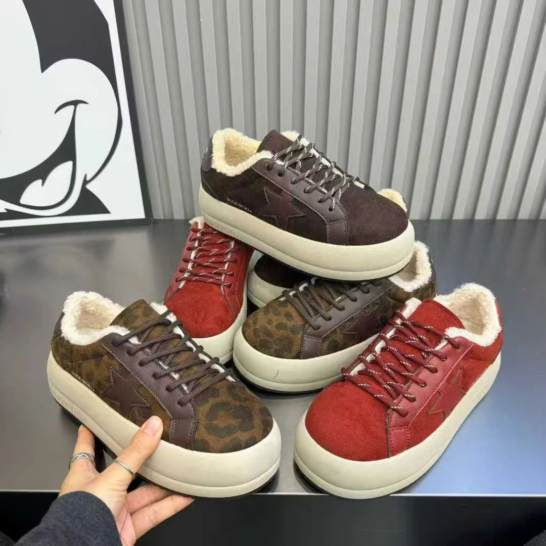 【十六号】厚底星星板鞋2025冬季增高羊京绒系带运动休闲做旧板鞋