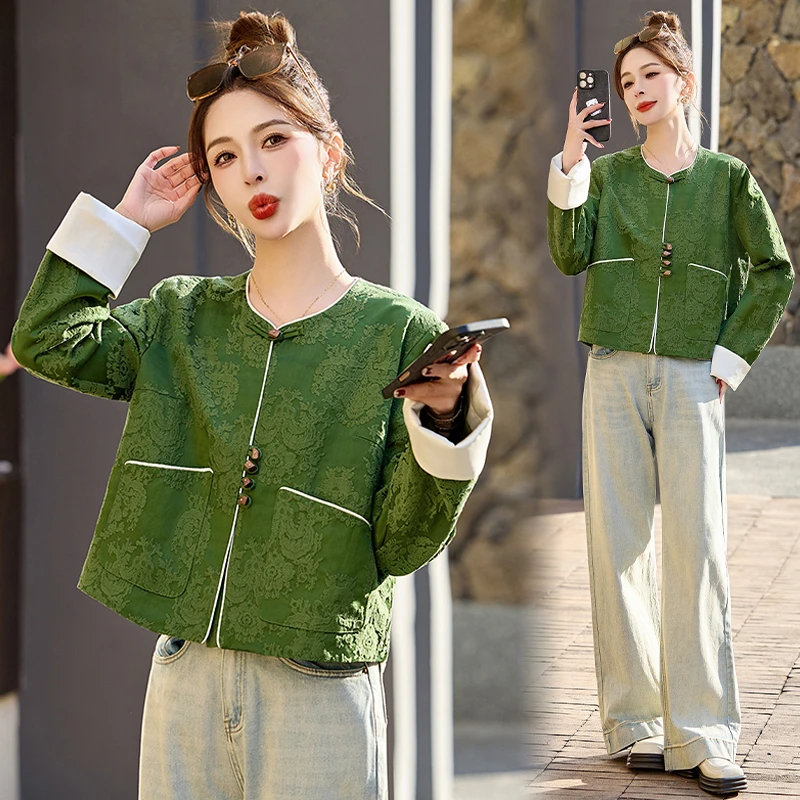 新中式国风盘扣短款外套女春季新款小个子百搭洋气提花唐装上衣