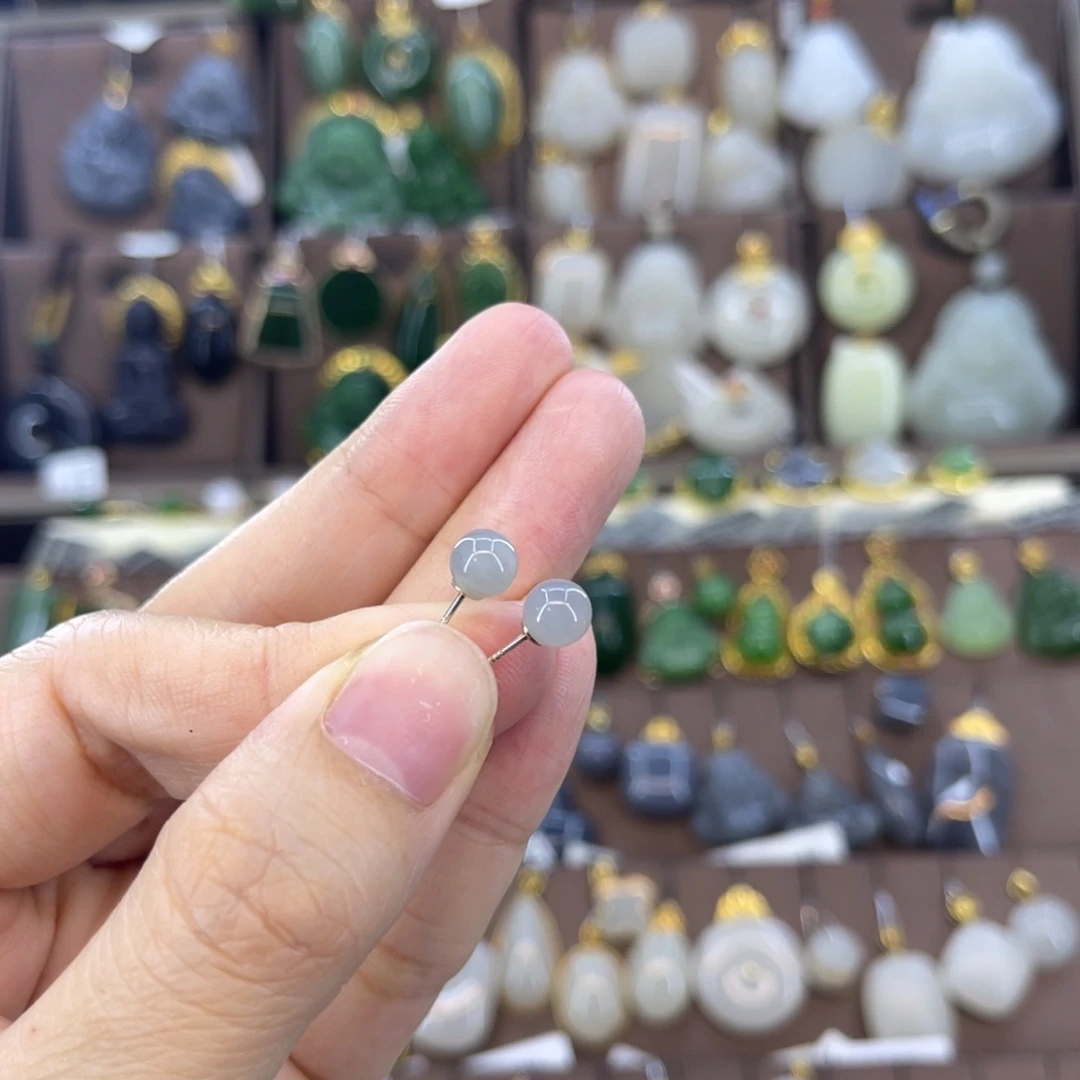 和田玉耳钉银S925镶嵌