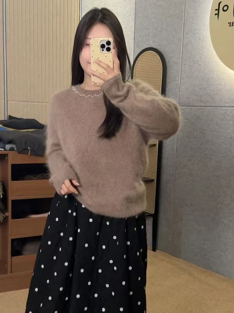 【鑫绒毛衣】长袖网红宽松拼接毛针织衫圆领女套头针织Y666-A804