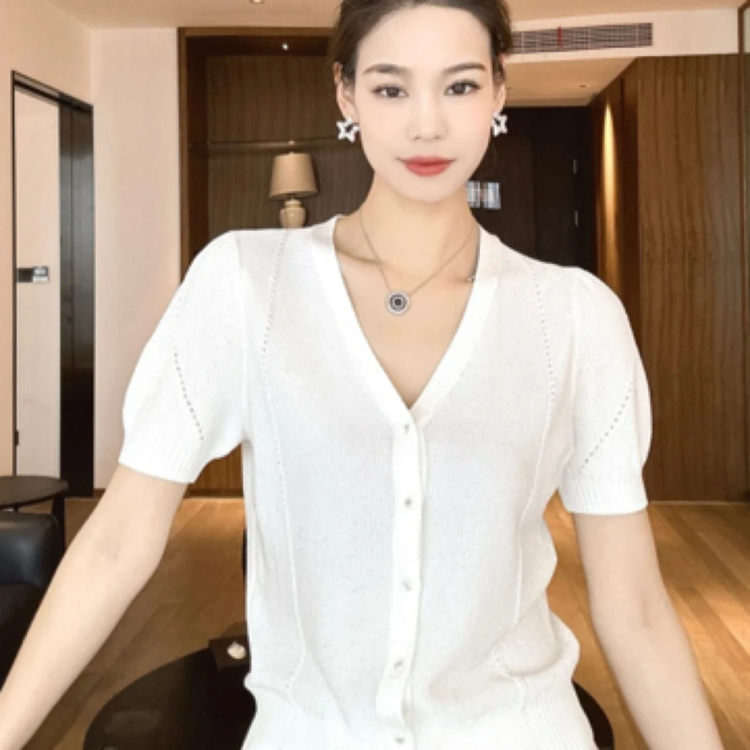 AMASS阿玛施 夏季清凉色彩冰丝V领短袖针织开衫5499253