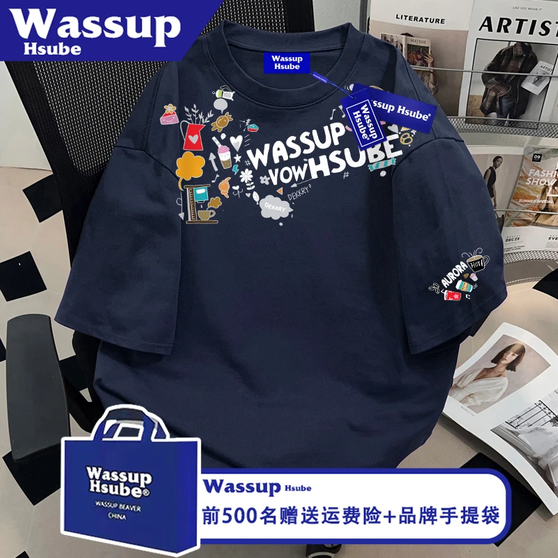 WASSUP HSUBE小众设计感印花短袖ins藏青纯棉T恤夏男女原宿风上衣