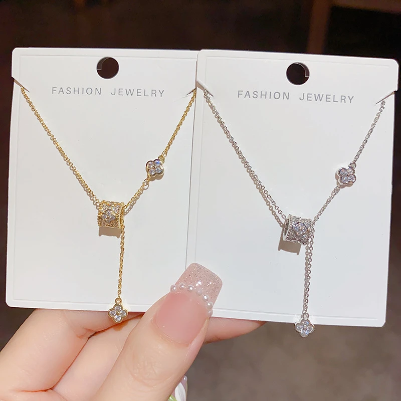 铜项链 轻奢小众设计高级感小蛮腰ins四叶花项链流苏甜美锁骨链百