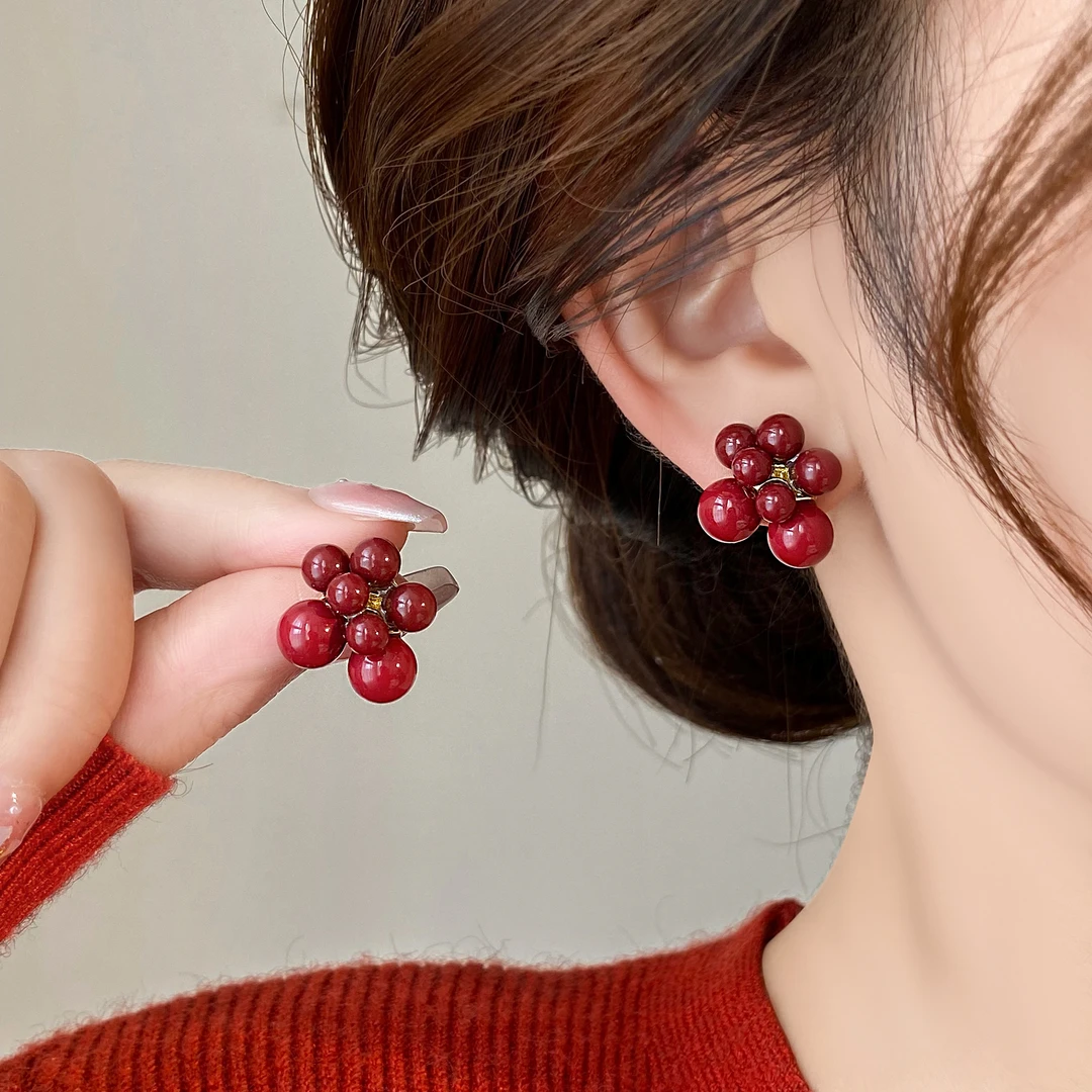合金仿珍珠耳饰 秋冬安可拉红红色烟花款耳环气质耳饰耳钉女61