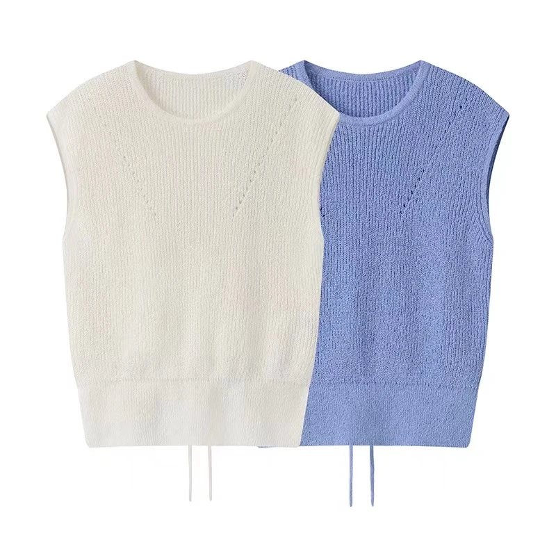 艾家新款5夏季圆领无袖针织衫毛衣气质时尚镂空百搭设计师款8193