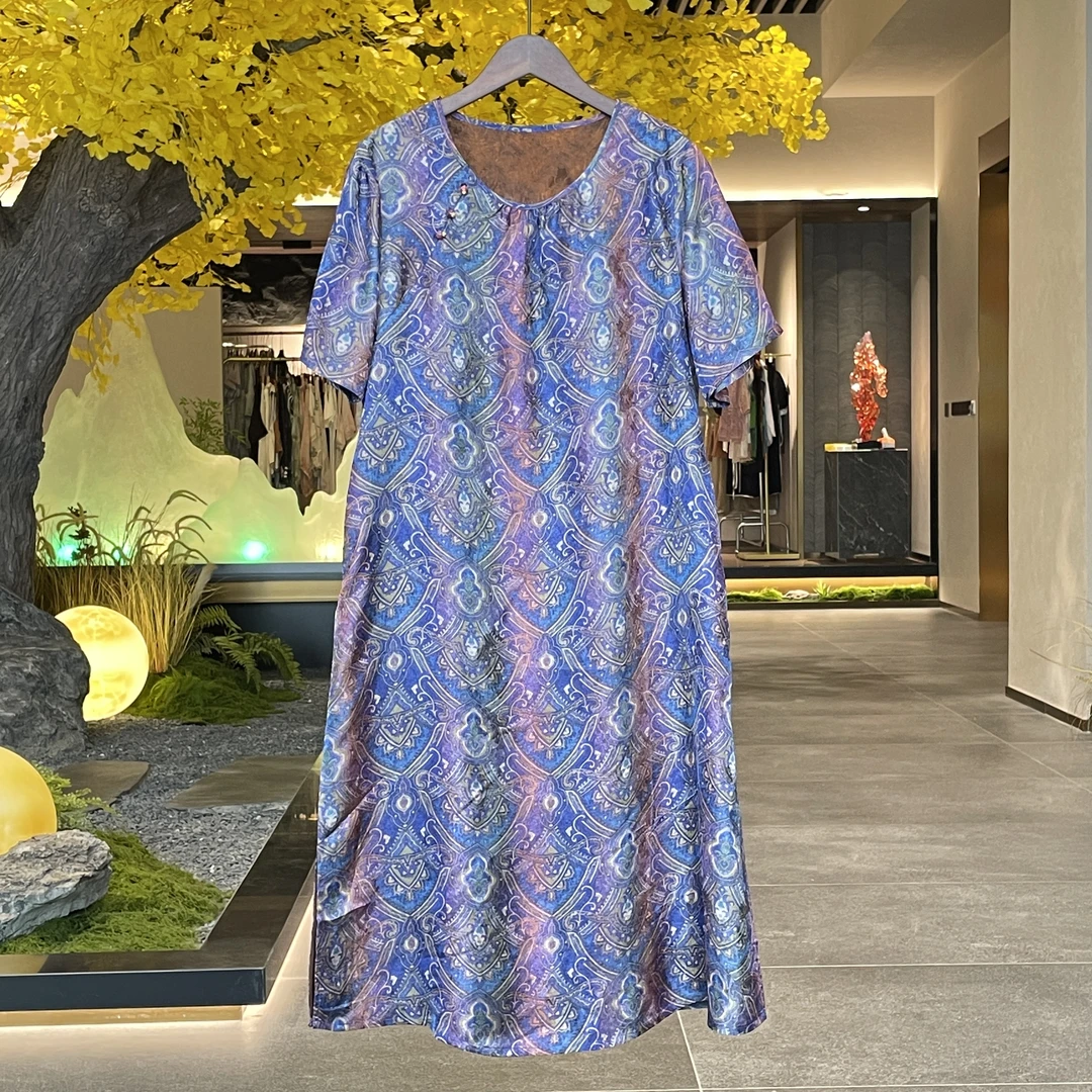 【紫懿】2025新款夏季气质新中式国风裙子圆领宽松短袖提花连衣裙