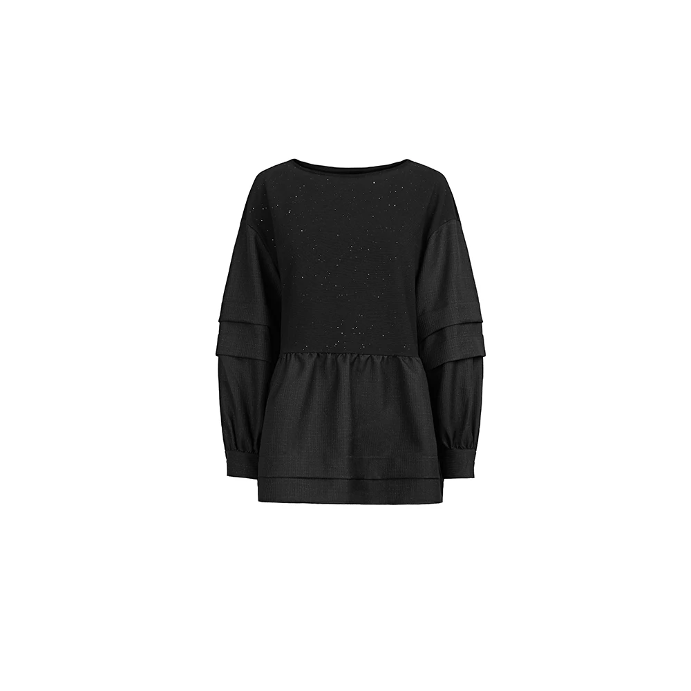 sdeer圣迪奥女装时尚休闲百搭圆领拼接灯笼袖卫衣外套S244Z2207