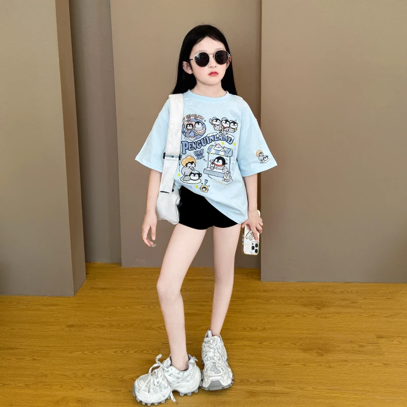 女童韩版新款2025洋气卡通印花短袖T恤夏中大童休闲短裤两件套潮