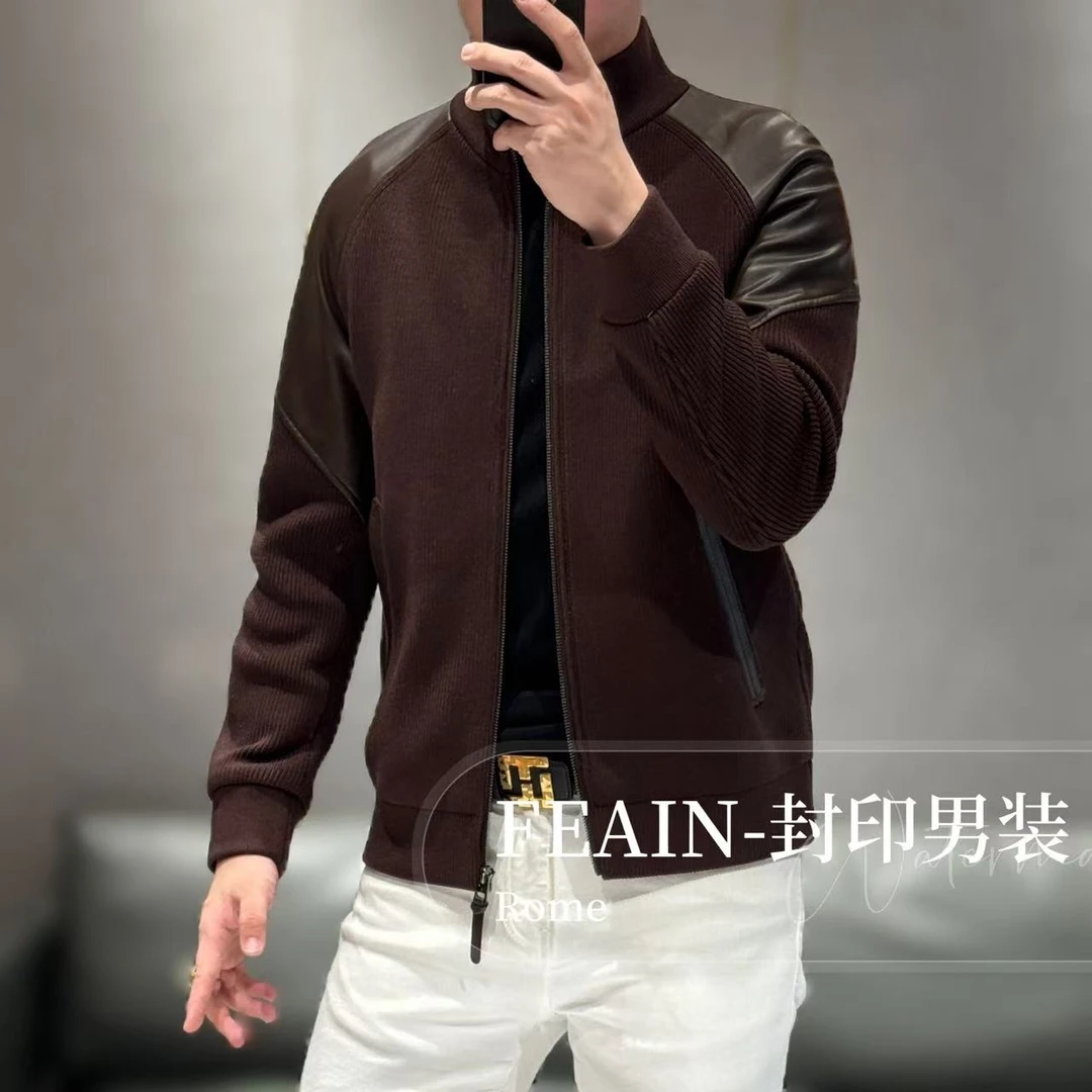 【真皮拼接】高端男士粗针织立体拼接真皮擦肩袖工艺夹克25897