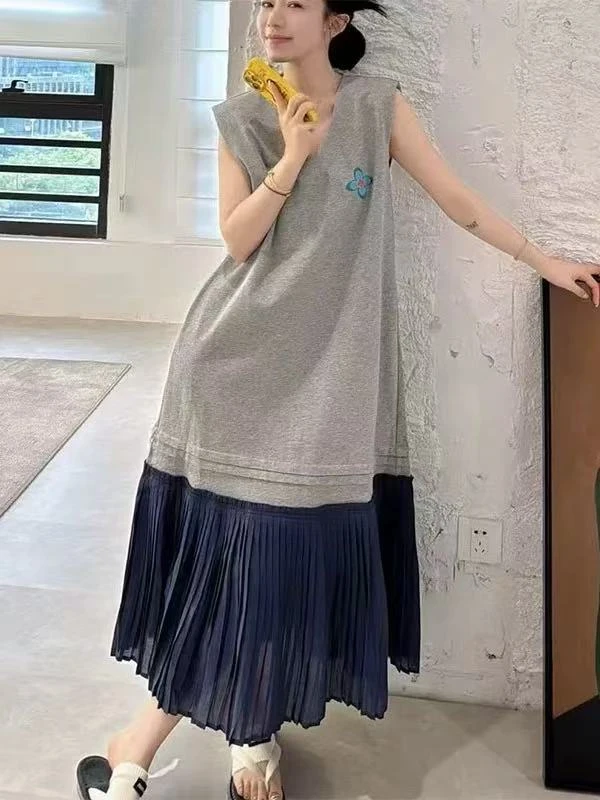 2025春夏新款韩版时尚百搭显瘦拼接无袖和半袖连衣裙女宽松休闲