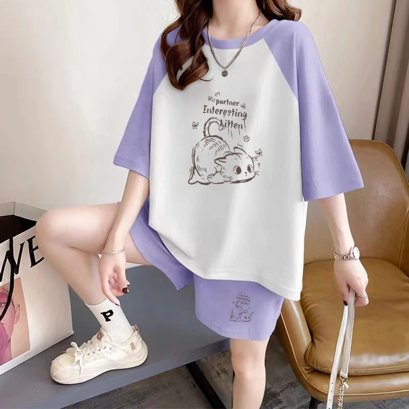 夏季大码胖mm短袖T恤短裤两件套女宽松舒适时尚减龄休闲运动套装