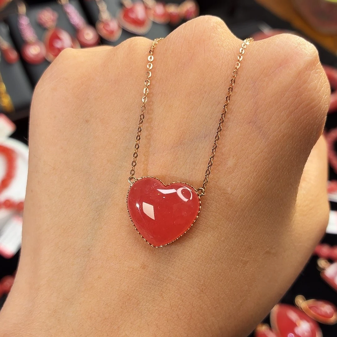 菱锰矿（红纹石）18K金镶嵌项链