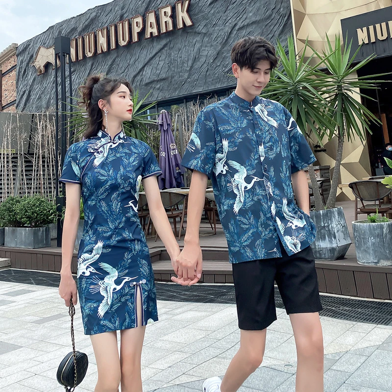 旗袍情侣装夏装衬衫男套装 流行中国风仙鹤花衬衣短袖开衩连衣裙