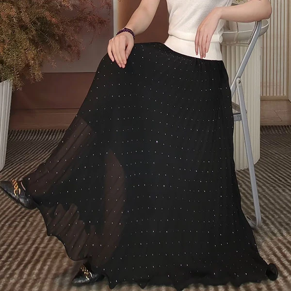 高档烫钻百褶裙半身裙女夏季薄款2025新款垂感长裙到脚踝a字裙子