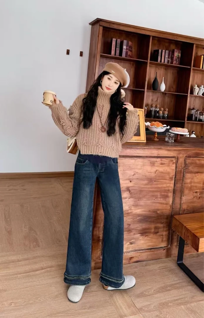 69736阔腿牛仔裤女2024冬季新款托腹小个子遮胯阔腿裤