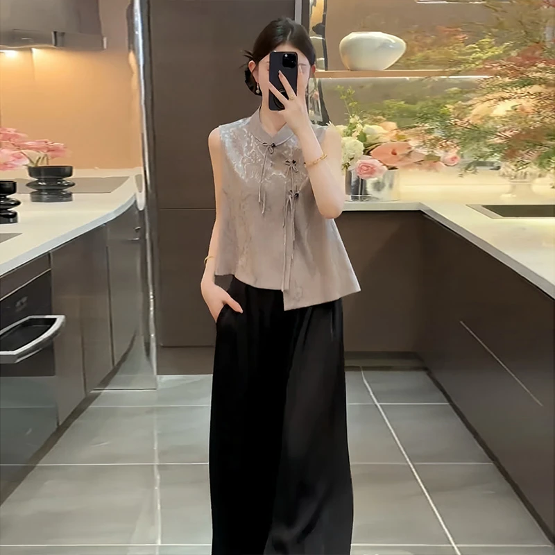 巨好看的夏日套装2025新款气质国风盘扣无袖上衣百搭阔腿裤两件套