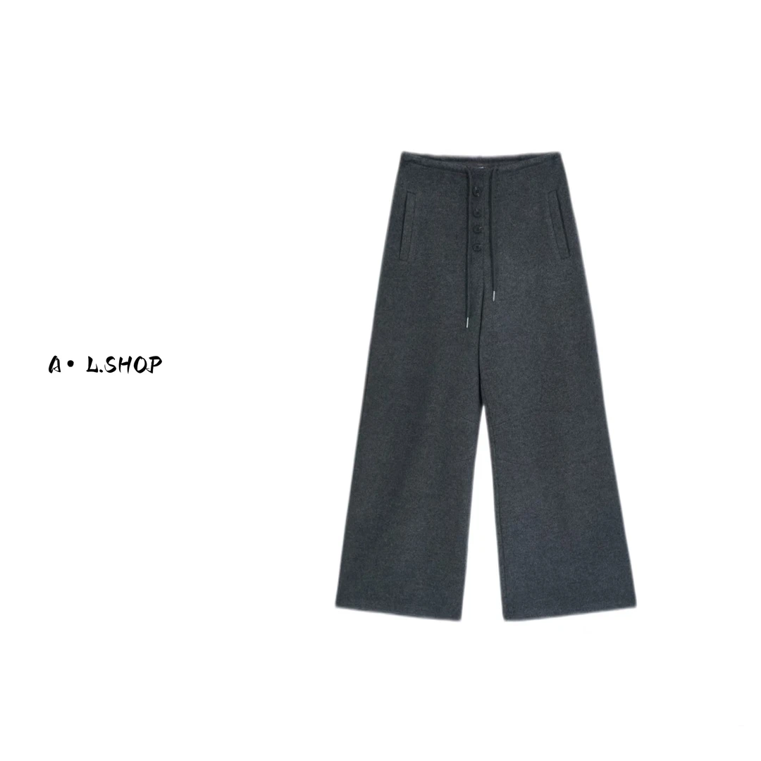 Aila｜设计师款时尚百搭超显瘦4扣羊毛直筒裤灰色秋冬阔腿裤宽松