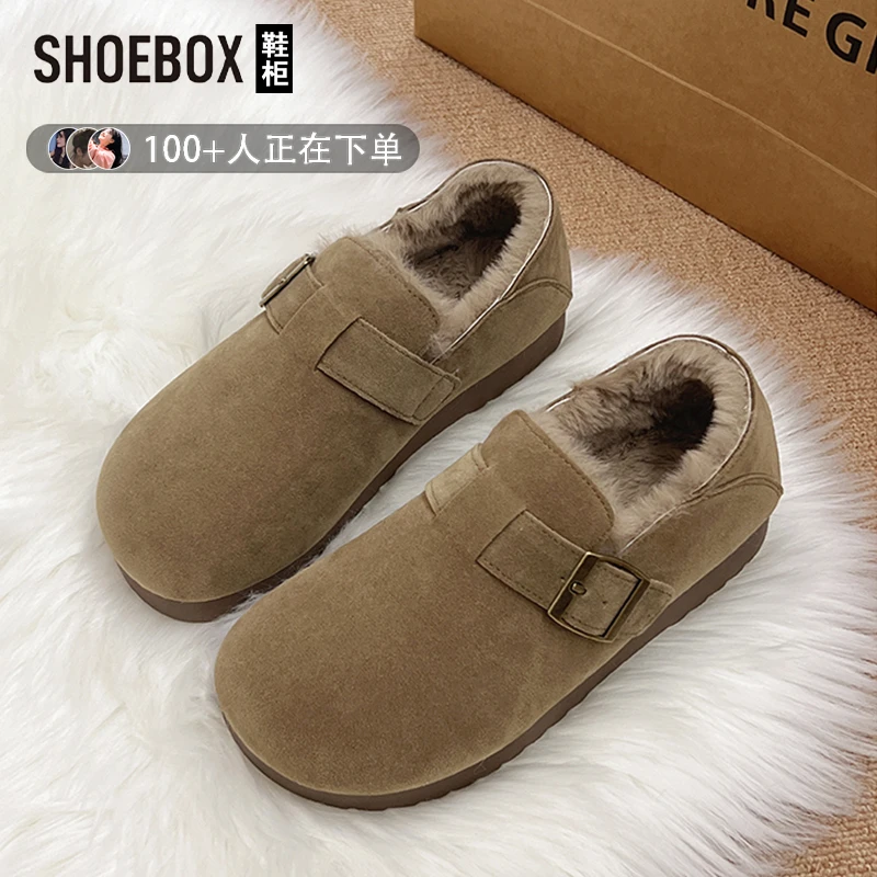 达芙妮集团旗下复古圆头深口一脚蹬毛毛鞋女2025年冬季加绒勃肯鞋