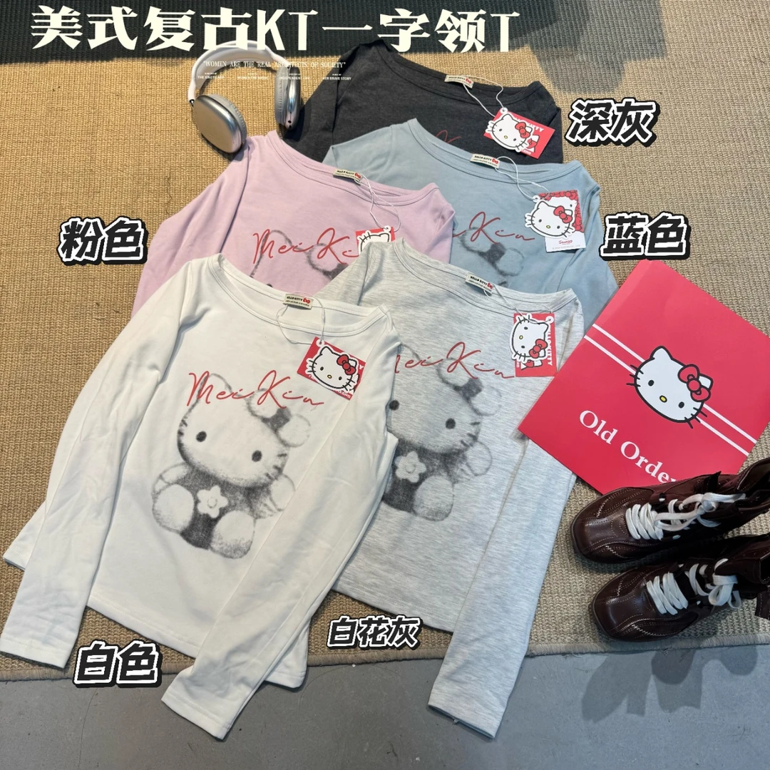 YD-韩系！美式复古KT一字领25秋季新款宽松上衣T恤