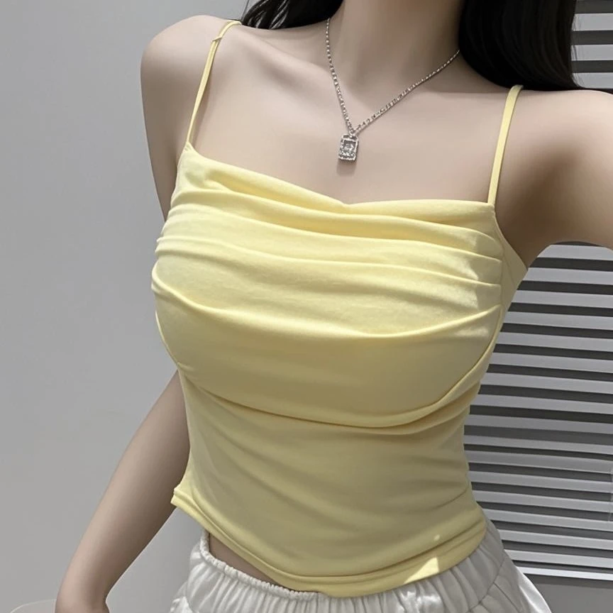 新款外穿辣妹小背心吊带春夏季褶皱甜美风秋冬女修身显瘦带胸垫