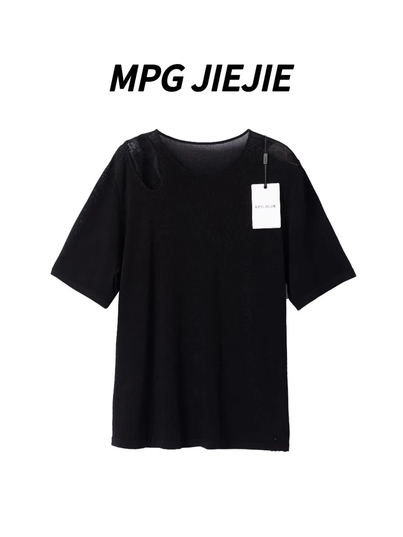 MPG JIEJIE【错位】大码春夏针织休闲黑色纯色设计镂空圆领T恤上衣