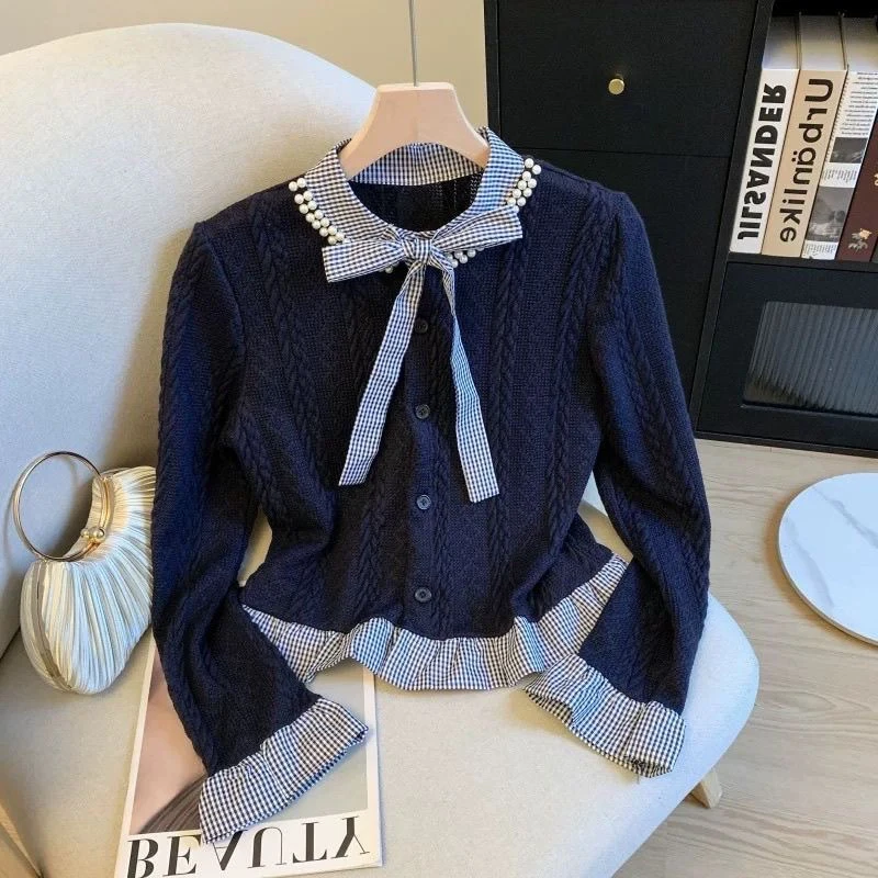 8529欧货大码女装圆领钉珠减龄洋气针织开衫秋冬拼接蝴蝶结领上衣