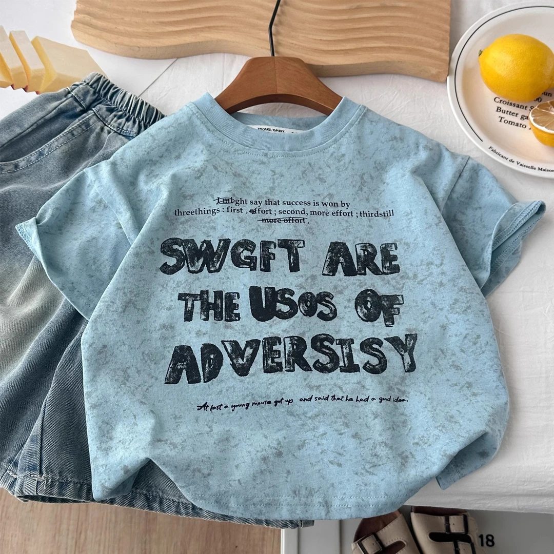 娇娃布迪男童短袖t恤儿童时尚字母半袖痞帅休闲夏装男孩体恤上衣T