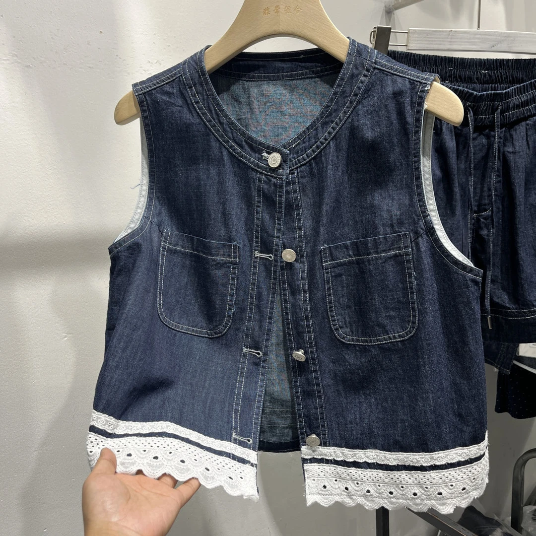 牛仔马甲2025夏新款时尚显瘦蕾丝拼接无袖坎肩时尚蕾丝边马甲