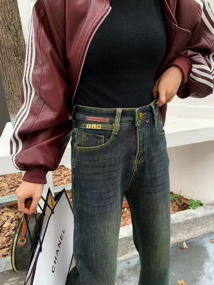 加绒加厚直筒牛仔裤女冬季2025新款今年流行爆款窄版显瘦阔腿裤