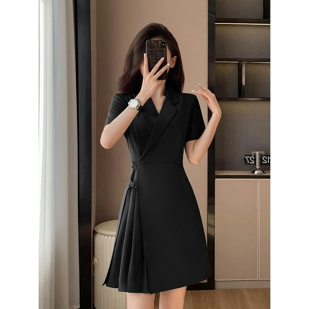 黑色职业装西装连衣裙女2025新款高级感工作服小个子夏季短袖裙子
