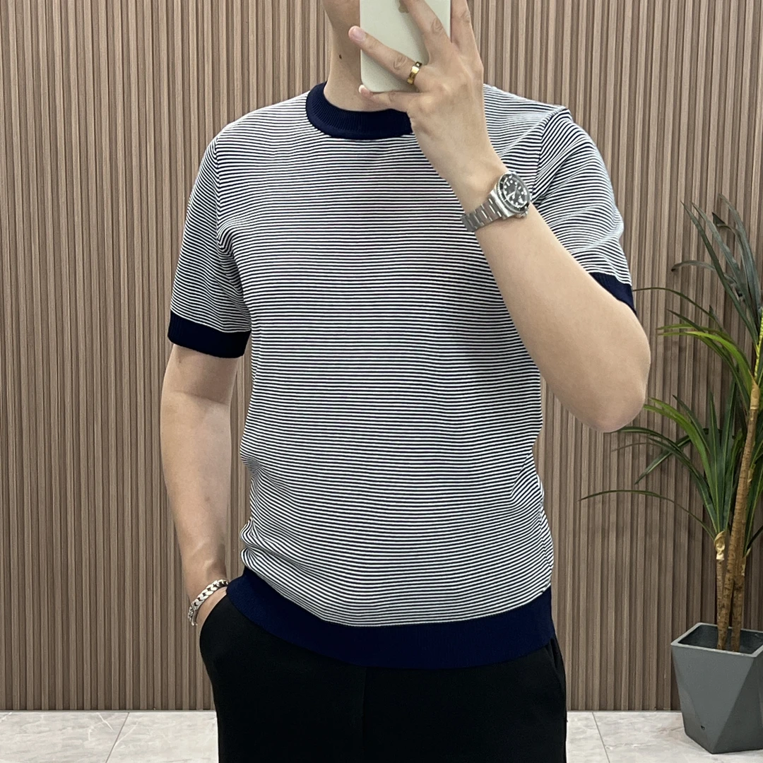 男士圆领条纹针织衫休闲夏季短袖T恤打底衫上衣时尚半袖修身韩版