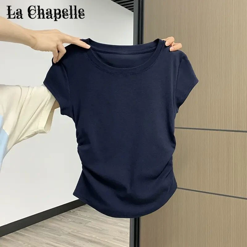 拉夏贝尔圆领气质显白短袖t恤女夏季不规则下摆设计感修身上衣潮