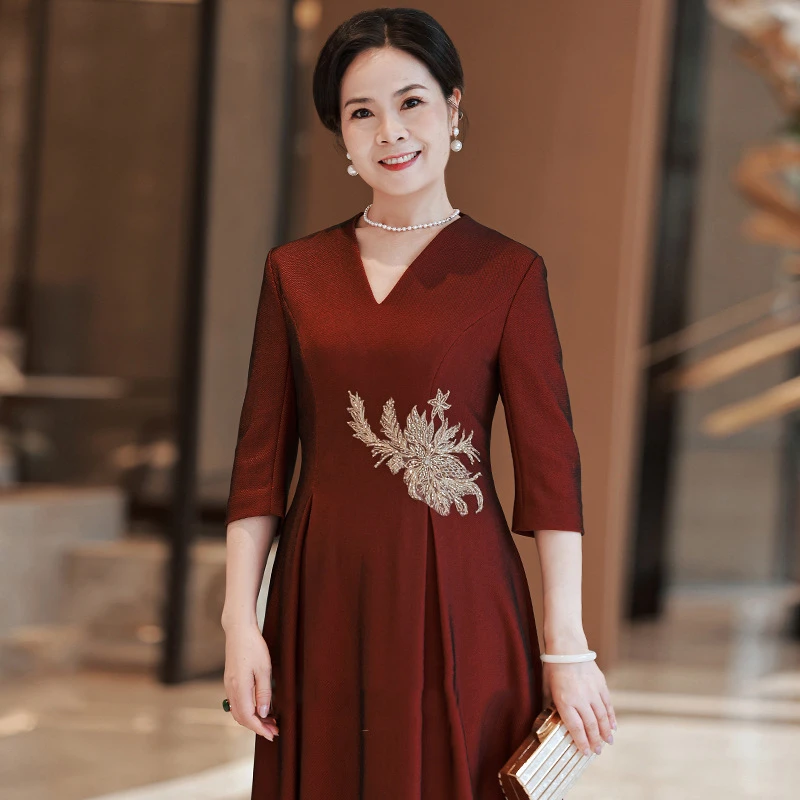 婚礼妈妈装礼服喜婆婆婚宴连衣裙平时可穿长款显瘦春夏宴会礼服