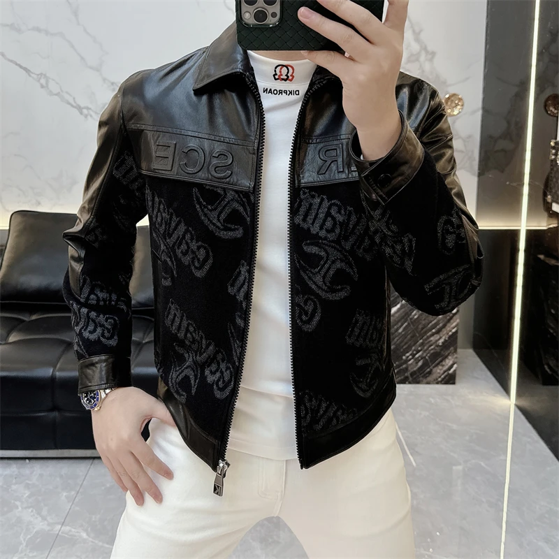 冰希重磅.高端奢品字母图案设计男士山羊皮翻领夹克2025秋冬新款